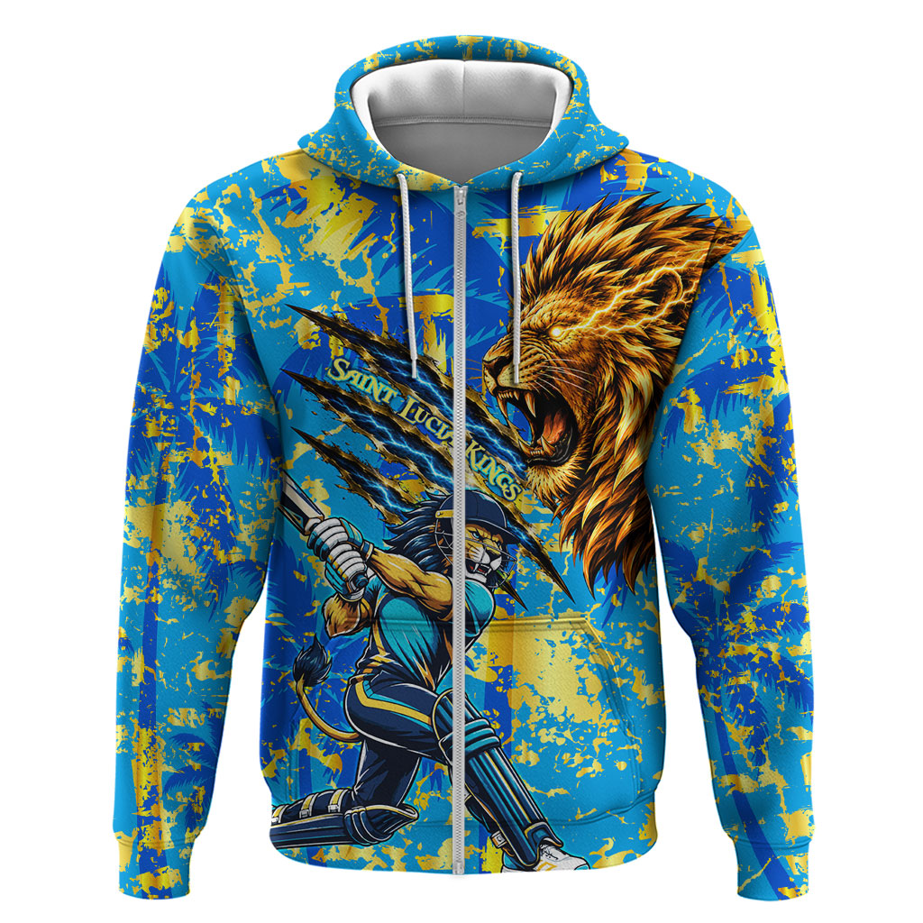 Saint Lucia Cricket Zip Hoodie Kings Lion Unstoppable Mascot Art
