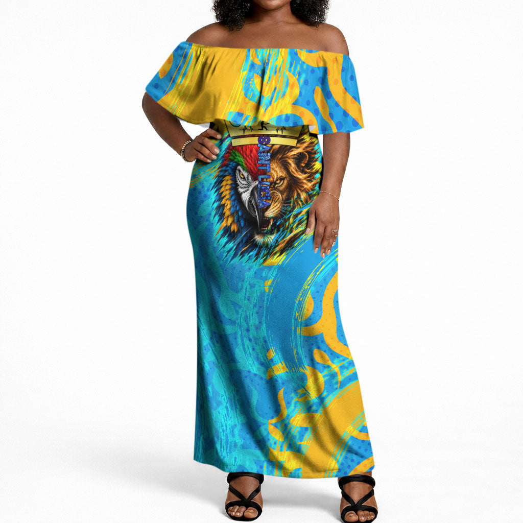 Saint Lucia Kings Cricket Off Shoulder Maxi Dress Crowned Lion And Parrot Half Style