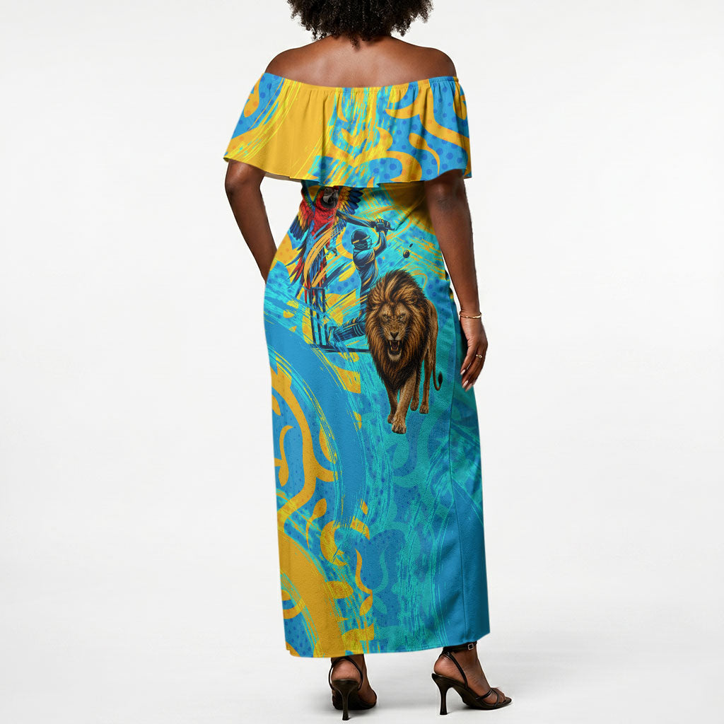 Saint Lucia Kings Cricket Off Shoulder Maxi Dress Crowned Lion And Parrot Half Style