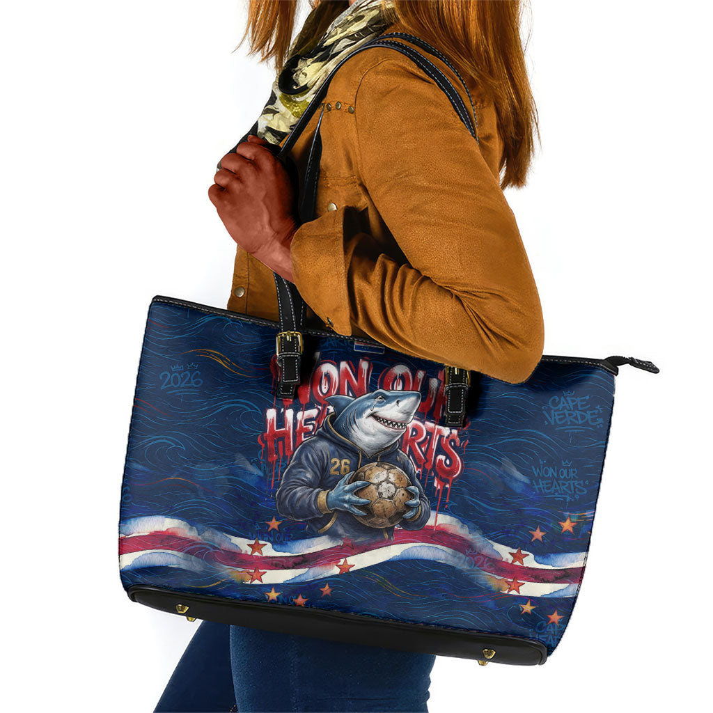 Cape Verde World Football 2026 Leather Tote Bag Blue Sharks Won Our Hearts - Oil Paint Style