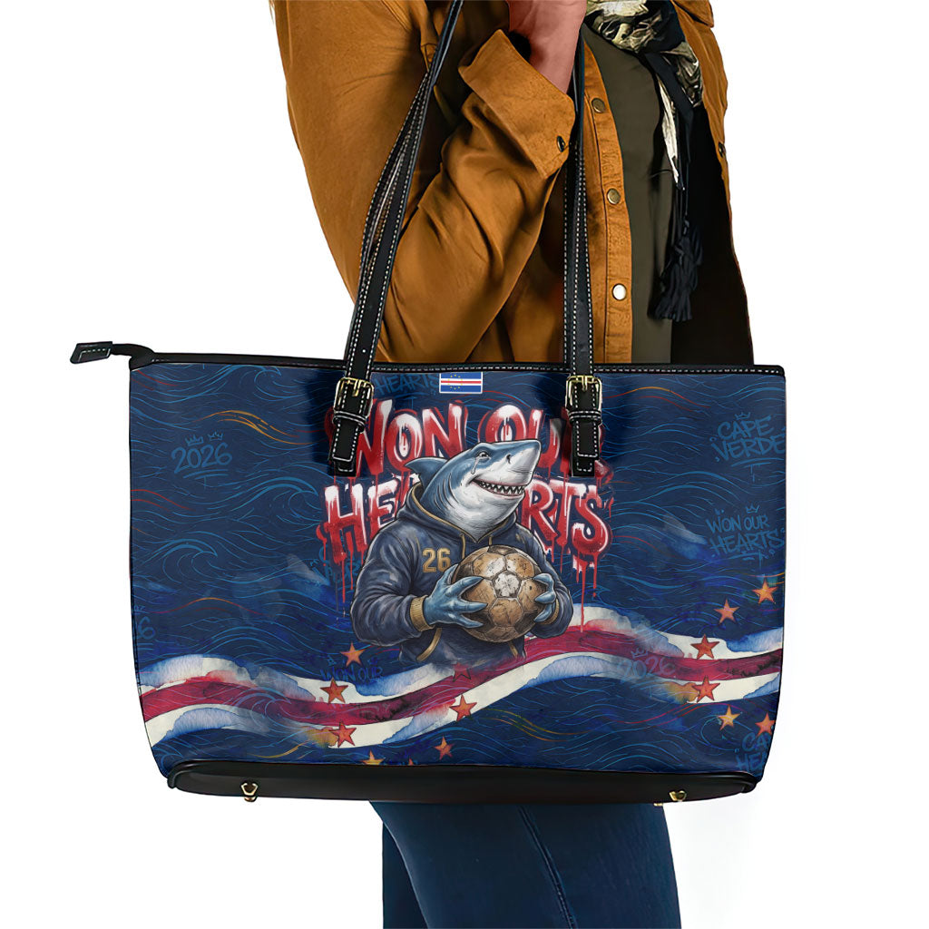 Cape Verde World Football 2026 Leather Tote Bag Blue Sharks Won Our Hearts - Oil Paint Style