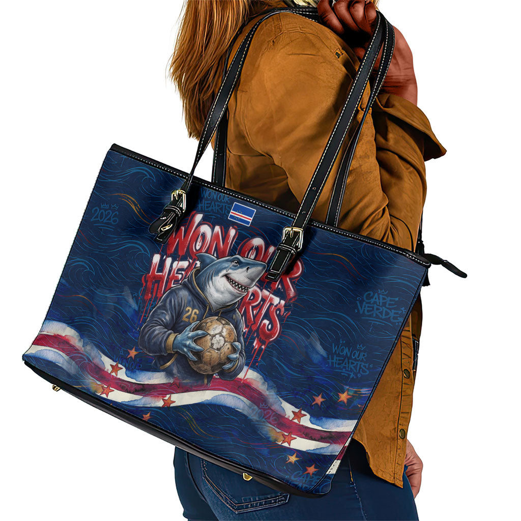 Cape Verde World Football 2026 Leather Tote Bag Blue Sharks Won Our Hearts - Oil Paint Style
