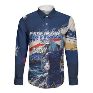 Personalized Cape Verde Blue Sharks Long Sleeve Button Shirt Giant Spirit African Football 2026 Mascot