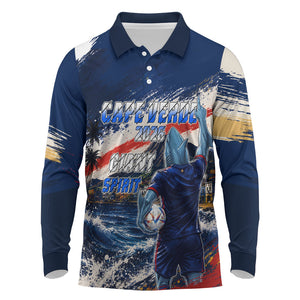 Personalized Cape Verde Blue Sharks Long Sleeve Polo Shirt Giant Spirit African Football 2026 Mascot
