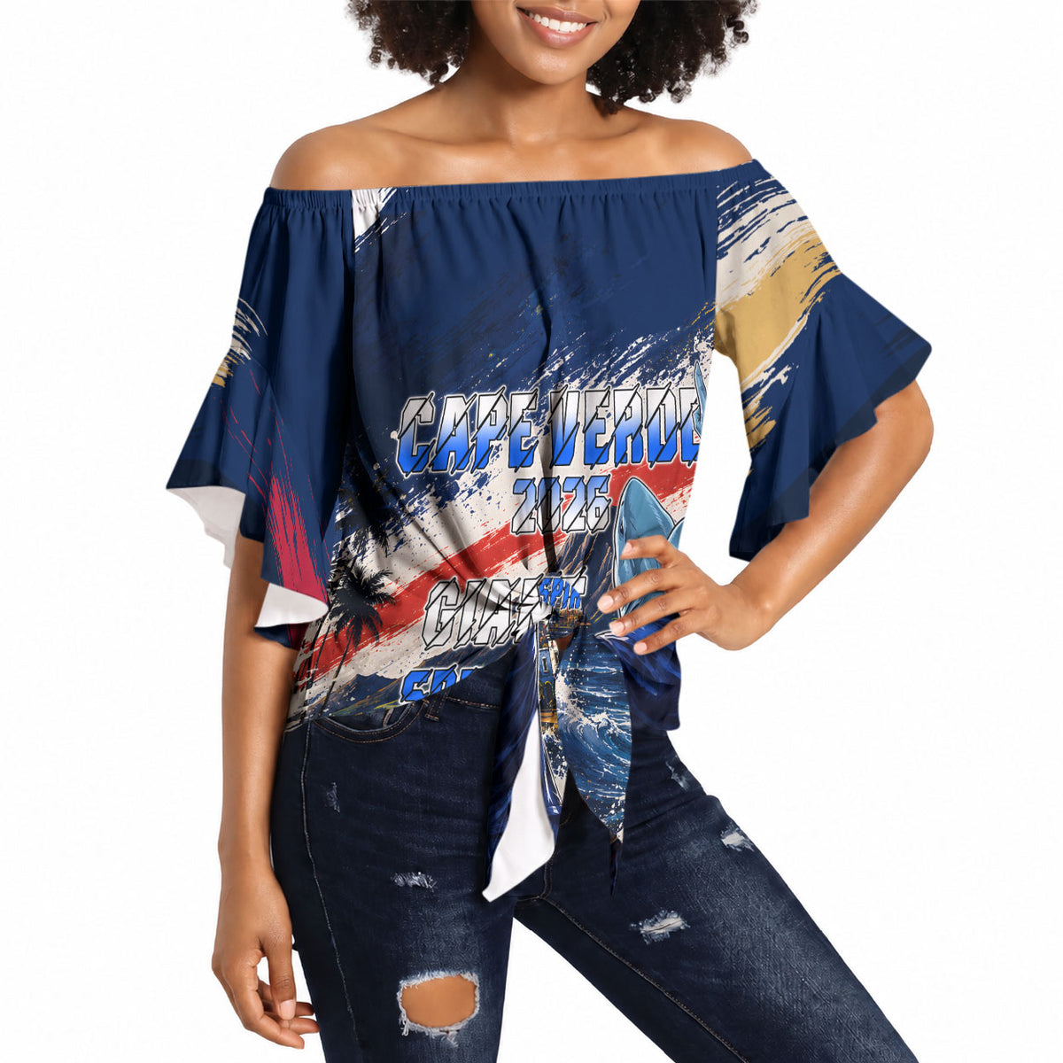 Personalized Cape Verde Blue Sharks Off Shoulder Wrap Waist Top Giant Spirit African Football 2026 Mascot