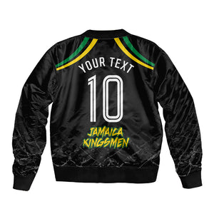 Personalized Jamaica Kingsmen Sleeve Zip Bomber Jacket Caribbean Cricket Royal Warrior King Mascot