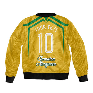 Personalized Jamaica Kingsmen Cricket Lion Sleeve Zip Bomber Jacket Royal King Batsman Sports Graphic Art