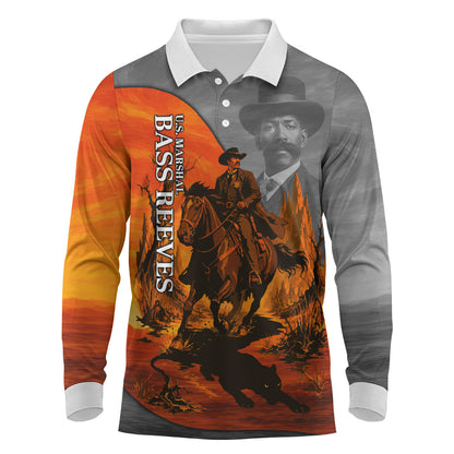 Bass Reeves Long Sleeve Polo Shirt Vintage Black Cowboy Old West Lawman