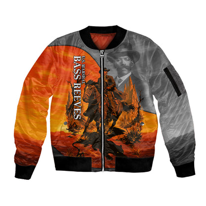 Bass Reeves Sleeve Zip Bomber Jacket Vintage Black Cowboy Old West Lawman