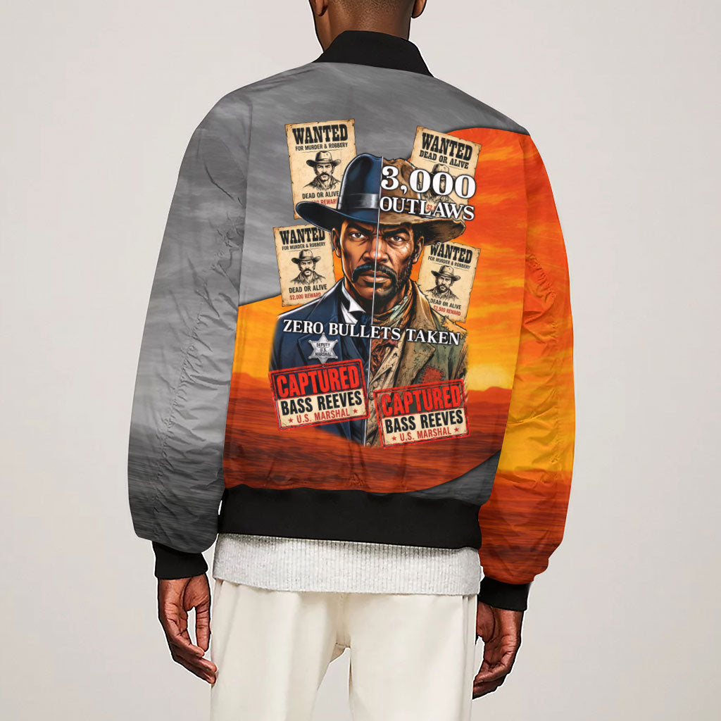 Bass Reeves Sleeve Zip Bomber Jacket Vintage Black Cowboy Old West Lawman