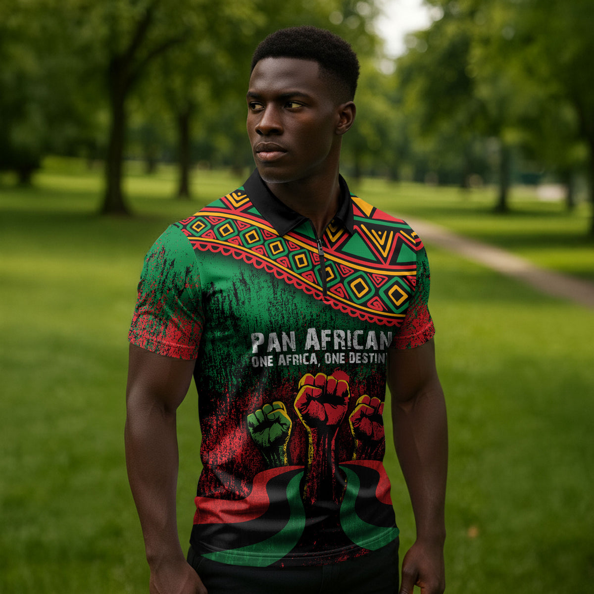 Pan African One Africa One Destiny Raised Fists Map Zipper Polo Shirt African Vintage Grunge Heritage Unity