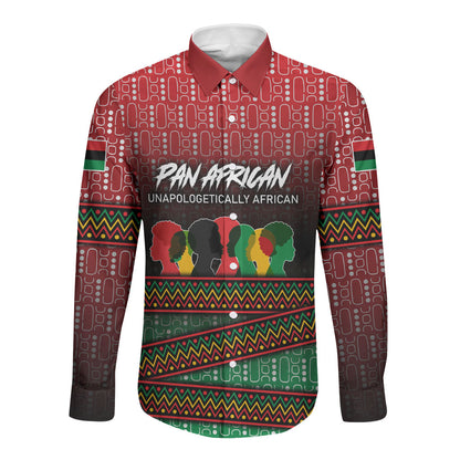 Unapologetically African Pan African Profile Long Sleeve Button Shirt Black Liberation Tribal Geometric Africa Map Raised Fist