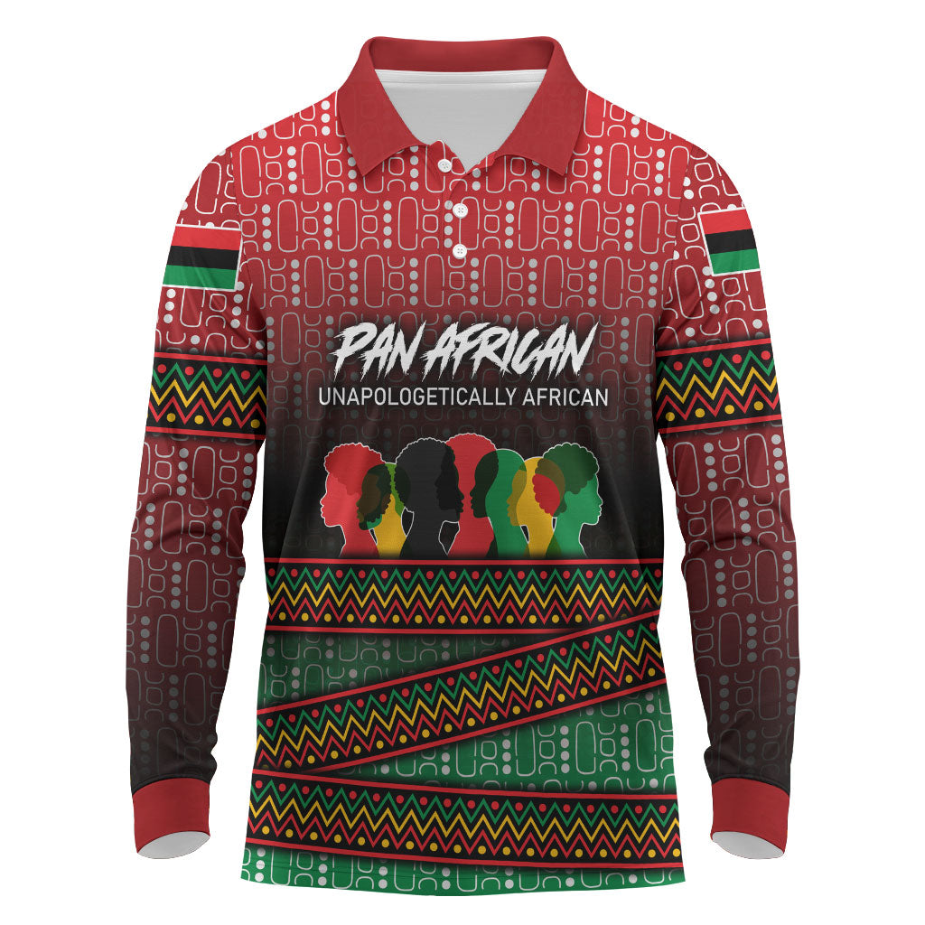 Unapologetically African Pan African Profile Long Sleeve Polo Shirt Black Liberation Tribal Geometric Africa Map Raised Fist