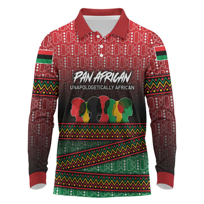 Unapologetically African Pan African Profile Long Sleeve Polo Shirt Black Liberation Tribal Geometric Africa Map Raised Fist