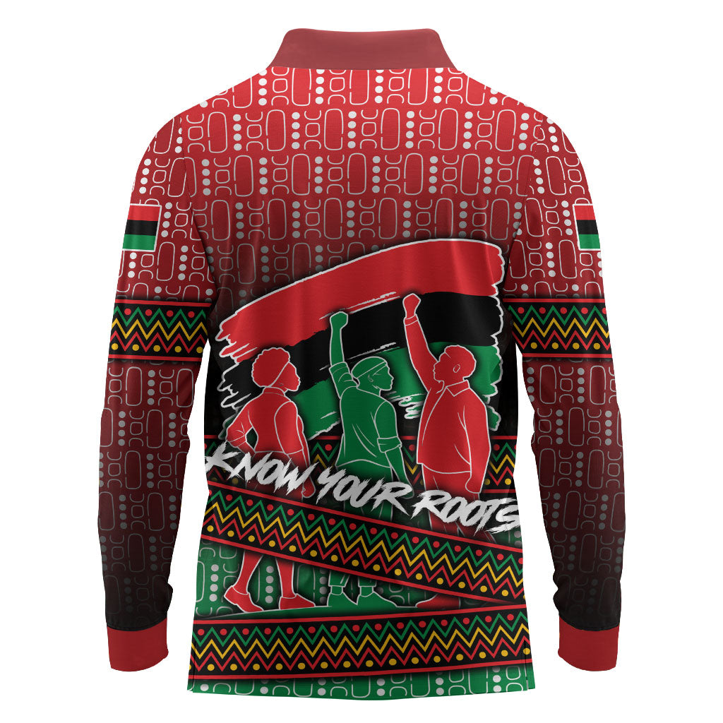 Unapologetically African Pan African Profile Long Sleeve Polo Shirt Black Liberation Tribal Geometric Africa Map Raised Fist