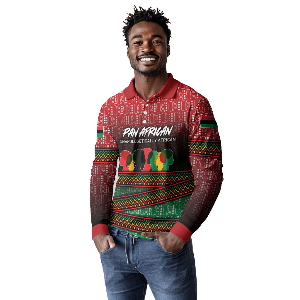Unapologetically African Pan African Profile Long Sleeve Polo Shirt Black Liberation Tribal Geometric Africa Map Raised Fist