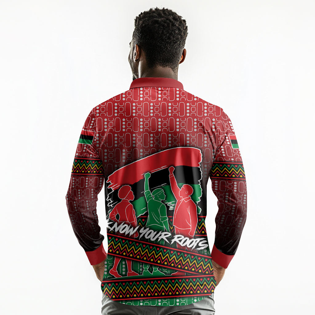 Unapologetically African Pan African Profile Long Sleeve Polo Shirt Black Liberation Tribal Geometric Africa Map Raised Fist