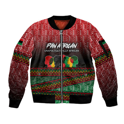 Unapologetically African Pan African Profile Sleeve Zip Bomber Jacket Black Liberation Tribal Geometric Africa Map Raised Fist