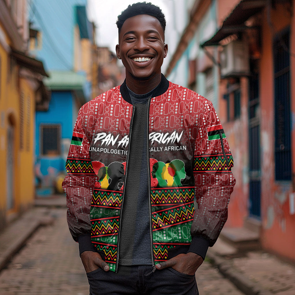 Unapologetically African Pan African Profile Sleeve Zip Bomber Jacket Black Liberation Tribal Geometric Africa Map Raised Fist
