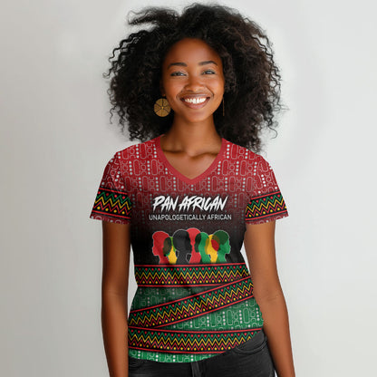 Unapologetically African Pan African Profile Women V-Neck T-Shirt Black Liberation Tribal Geometric Africa Map Raised Fist