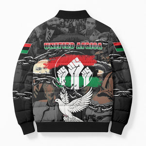 Unified Africa Pan African Raised Fist Peace Dove Chains Bomber Puffer Jacket Vintage Freedom Flag Map Collage
