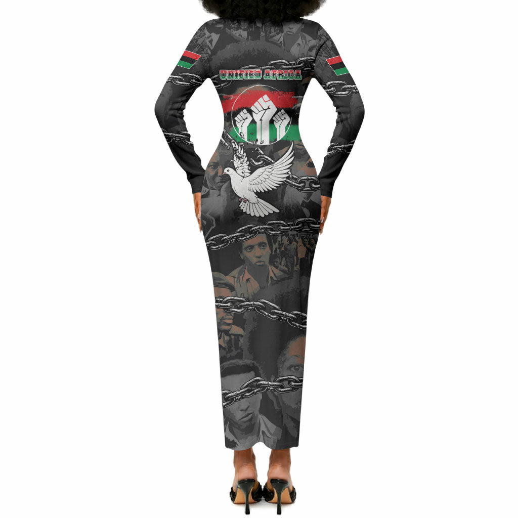 Unified Africa Pan African Raised Fist Peace Dove Chains Long Sleeve Bodycon Dress Vintage Freedom Flag Map Collage