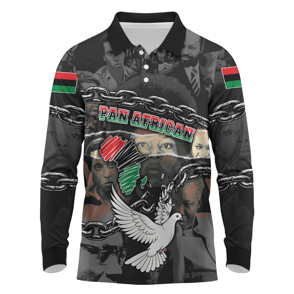 Unified Africa Pan African Raised Fist Peace Dove Chains Long Sleeve Polo Shirt Vintage Freedom Flag Map Collage