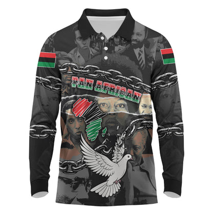Unified Africa Pan African Raised Fist Peace Dove Chains Long Sleeve Polo Shirt Vintage Freedom Flag Map Collage