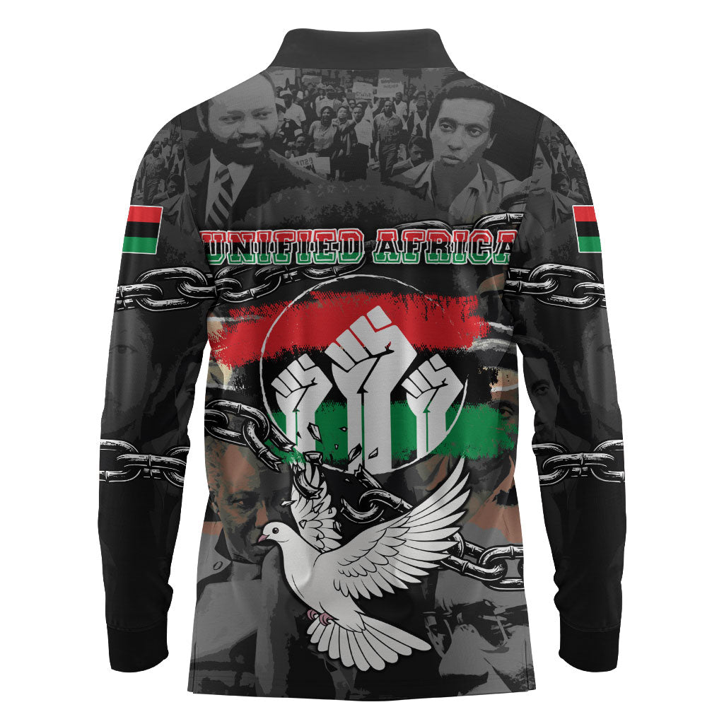 Unified Africa Pan African Raised Fist Peace Dove Chains Long Sleeve Polo Shirt Vintage Freedom Flag Map Collage