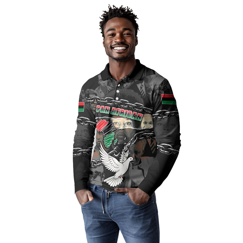 Unified Africa Pan African Raised Fist Peace Dove Chains Long Sleeve Polo Shirt Vintage Freedom Flag Map Collage