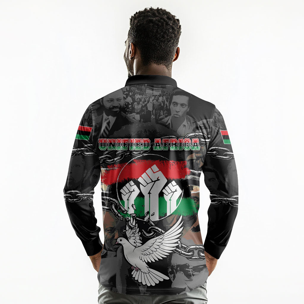 Unified Africa Pan African Raised Fist Peace Dove Chains Long Sleeve Polo Shirt Vintage Freedom Flag Map Collage