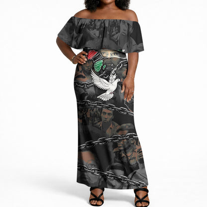 Unified Africa Pan African Raised Fist Peace Dove Chains Off Shoulder Maxi Dress Vintage Freedom Flag Map Collage