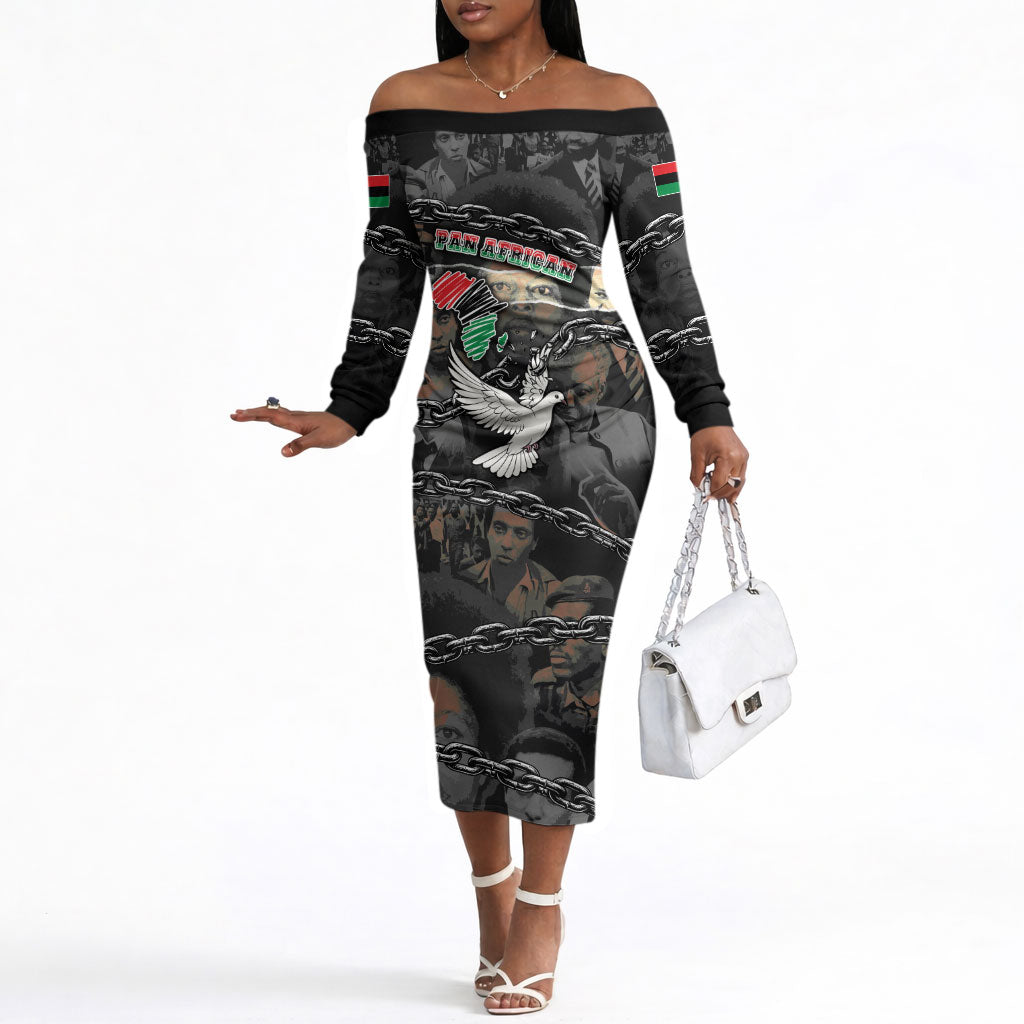 Unified Africa Pan African Raised Fist Peace Dove Chains Off The Shoulder Long Sleeve Dress Vintage Freedom Flag Map Collage