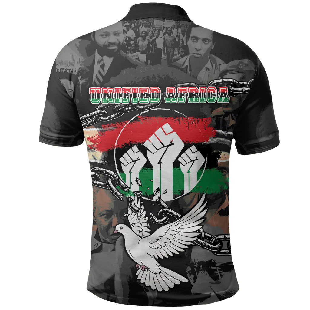 Unified Africa Pan African Raised Fist Peace Dove Chains Polo Shirt Vintage Freedom Flag Map Collage