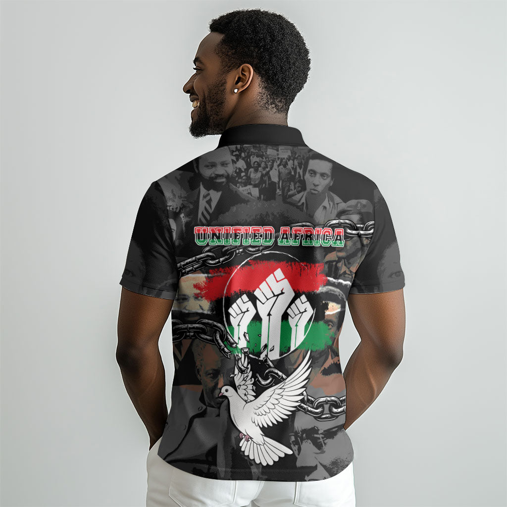 Unified Africa Pan African Raised Fist Peace Dove Chains Polo Shirt Vintage Freedom Flag Map Collage