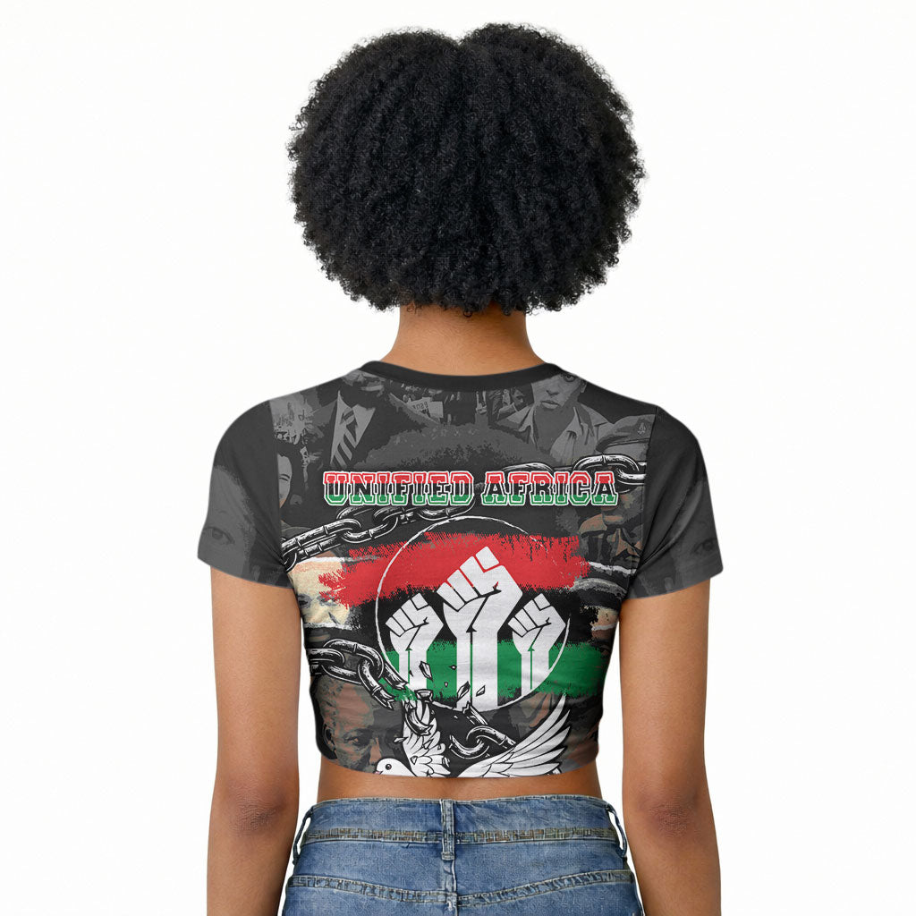 Unified Africa Pan African Raised Fist Peace Dove Chains Raglan Cropped T shirt Vintage Freedom Flag Map Collage