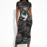 Unified Africa Pan African Raised Fist Peace Dove Chains Short Sleeve Bodycon Dress Vintage Freedom Flag Map Collage