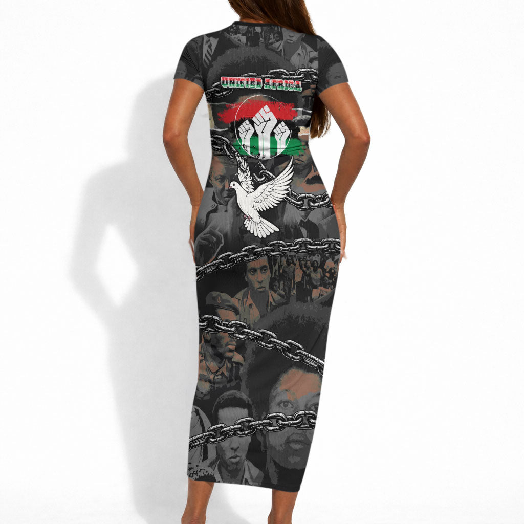 Unified Africa Pan African Raised Fist Peace Dove Chains Short Sleeve Bodycon Dress Vintage Freedom Flag Map Collage