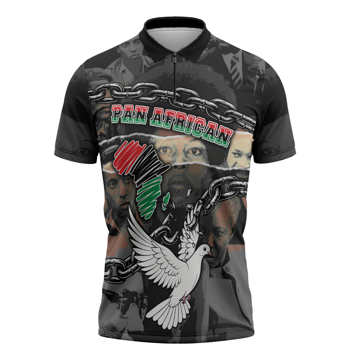 Unified Africa Pan African Raised Fist Peace Dove Chains Zipper Polo Shirt Vintage Freedom Flag Map Collage