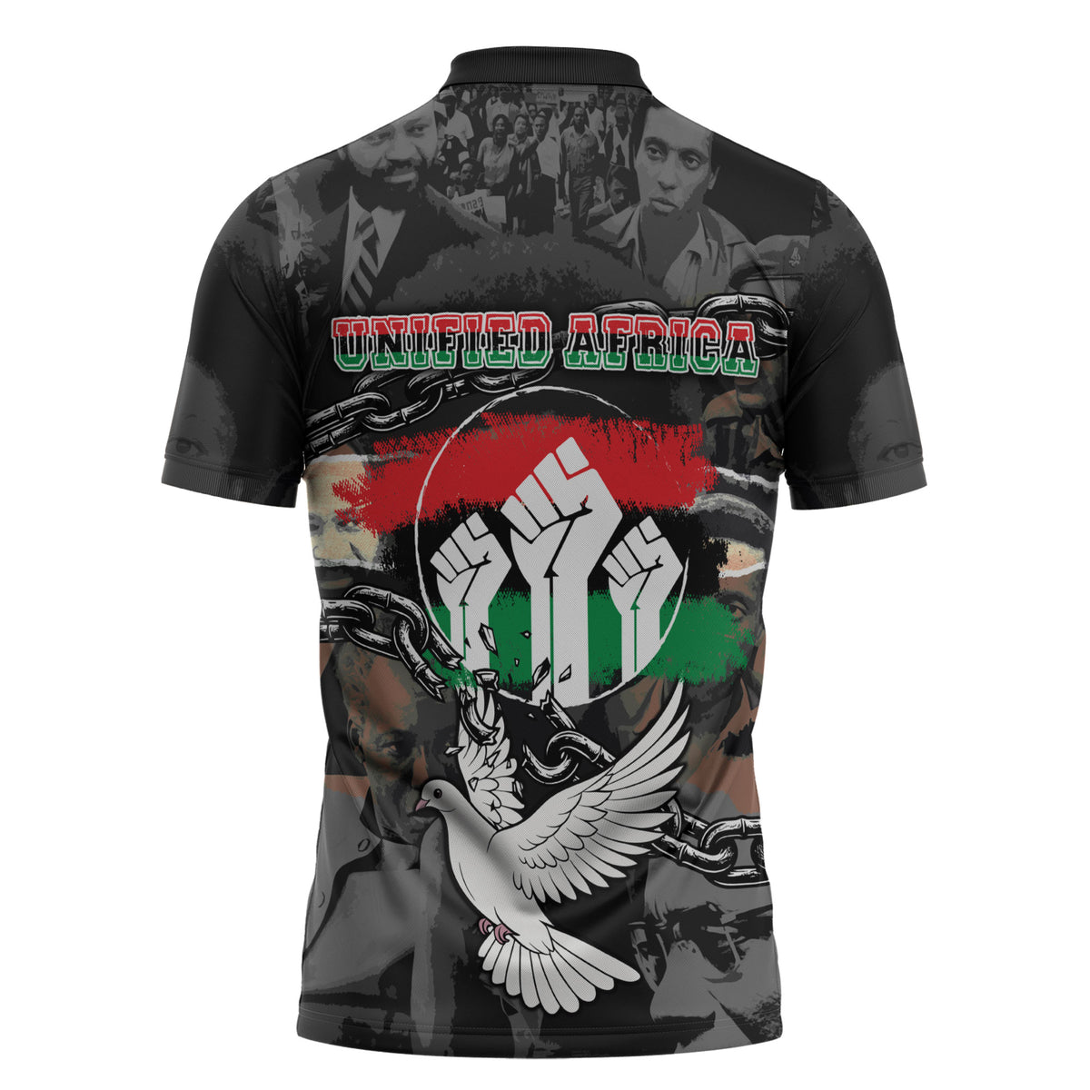 Unified Africa Pan African Raised Fist Peace Dove Chains Zipper Polo Shirt Vintage Freedom Flag Map Collage
