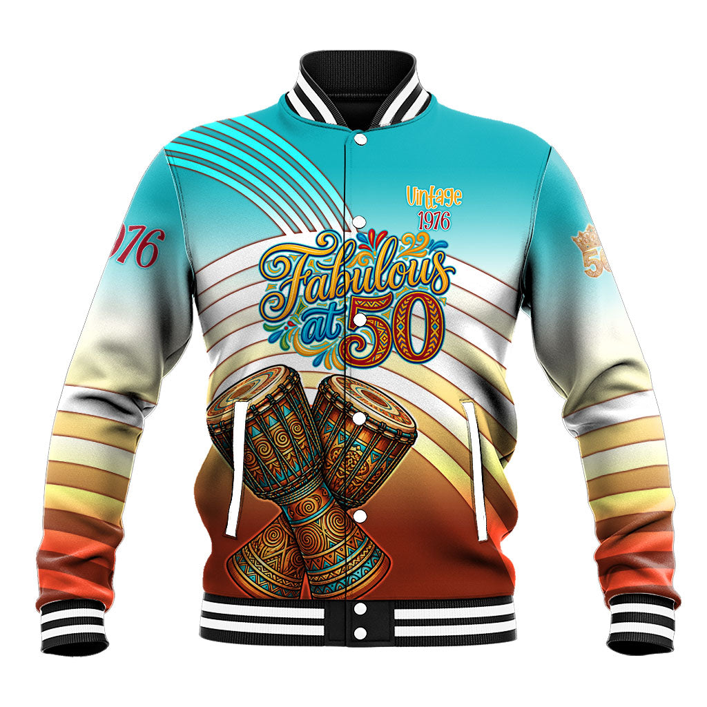 African 50th Birthday Baseball Jacket Vibrant Tribal Celebration Drums Vintage 1976