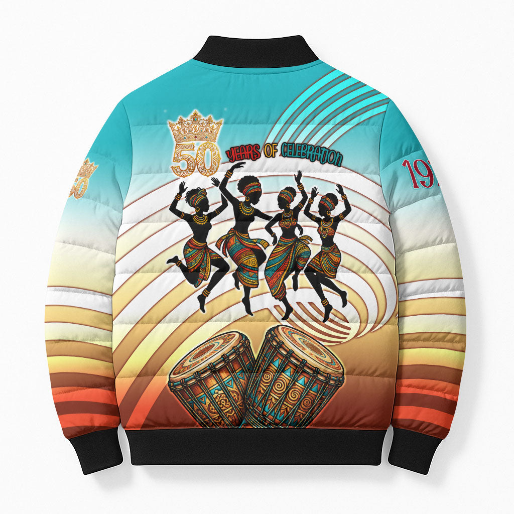 African 50th Birthday Bomber Puffer Jacket Vibrant Tribal Celebration Drums Vintage 1976