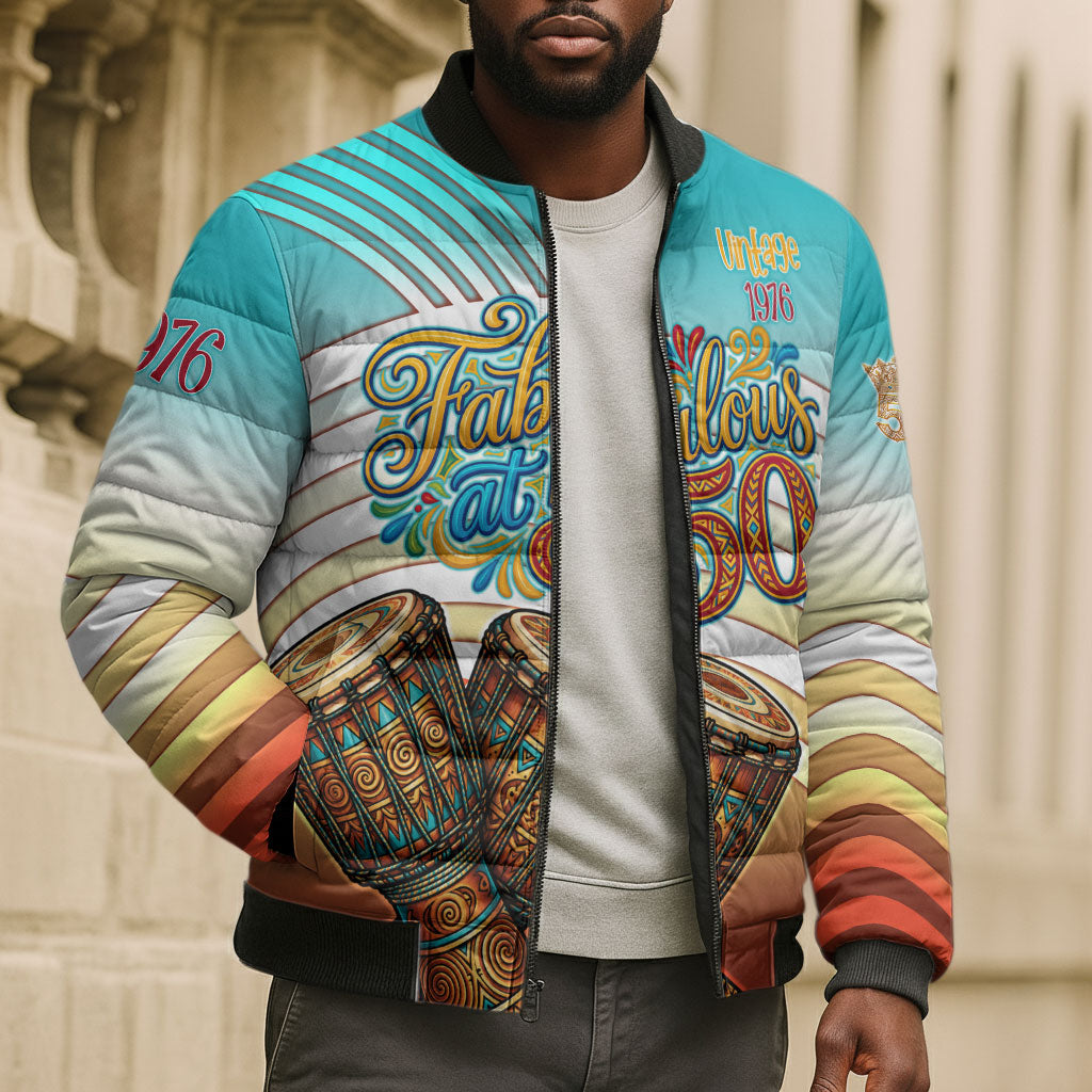 African 50th Birthday Bomber Puffer Jacket Vibrant Tribal Celebration Drums Vintage 1976