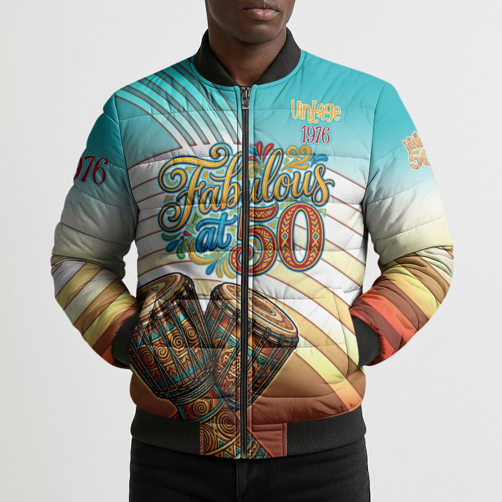 African 50th Birthday Bomber Puffer Jacket Vibrant Tribal Celebration Drums Vintage 1976