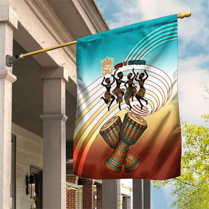 African 50th Birthday Garden Flag Vibrant Tribal Celebration Drums Vintage 1976