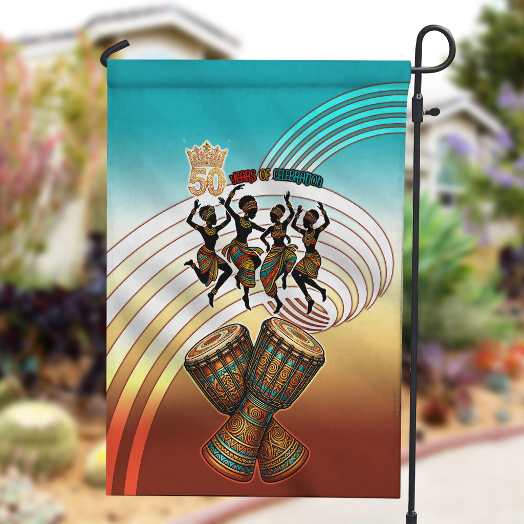 African 50th Birthday Garden Flag Vibrant Tribal Celebration Drums Vintage 1976
