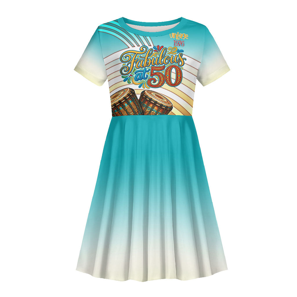 African 50th Birthday Kid Short Sleeve Dress Vibrant Tribal Celebration Drums Vintage 1976