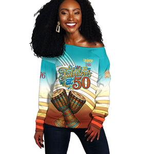 African 50th Birthday Off Shoulder Sweater Vibrant Tribal Celebration Drums Vintage 1976