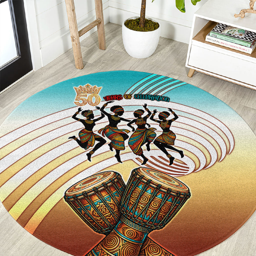 African 50th Birthday Round Carpet Vibrant Tribal Celebration Drums Vintage 1976