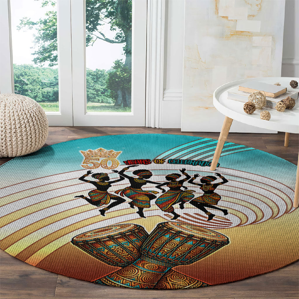 African 50th Birthday Round Carpet Vibrant Tribal Celebration Drums Vintage 1976
